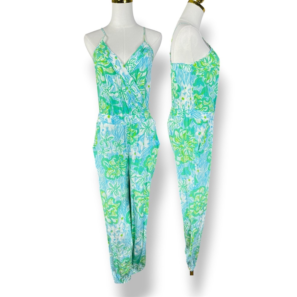 Lilly Pulitzer XS Green Blue Tropical Floral Wrap Front Jumpsuit Elastic Waist